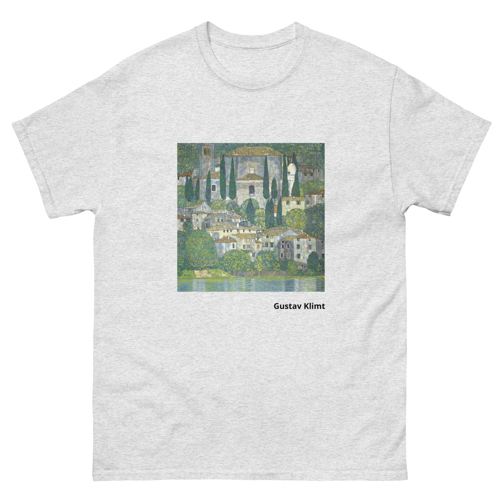 Unisex classic tee featuring Klimt's impressionist painting of a church in Cassone by the lake