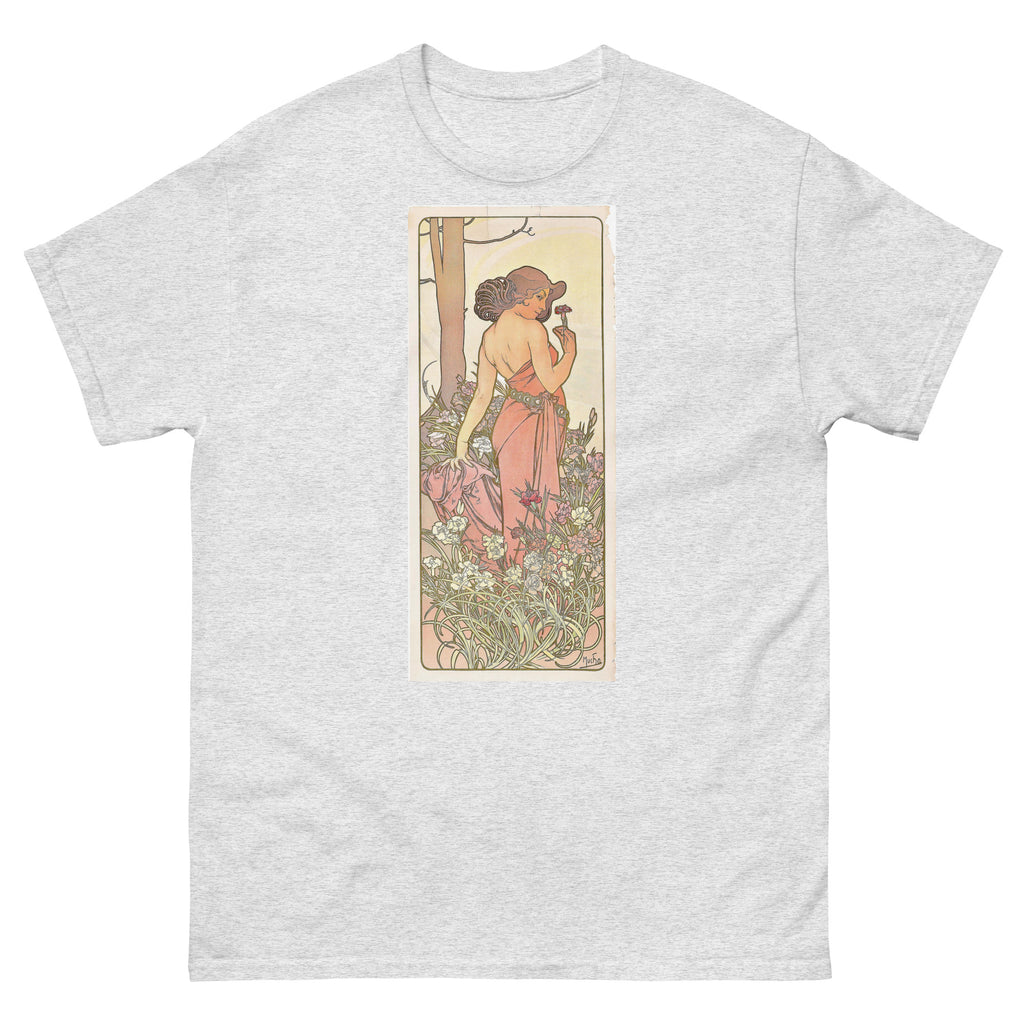 Unisex classic tee featuring Mucha's Art Nouveau decorative panel of a woman with a carnation