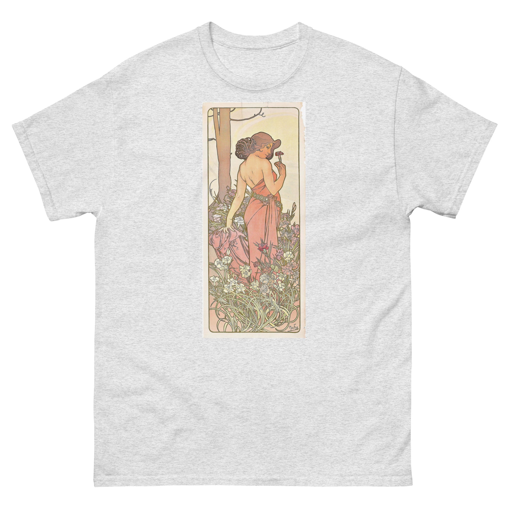 Unisex classic tee featuring Mucha's Art Nouveau decorative panel of a woman with a carnation