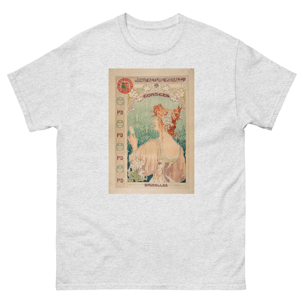 Unisex classic tee featuring Mucha's Art Nouveau advertising poster for Royale Corsets