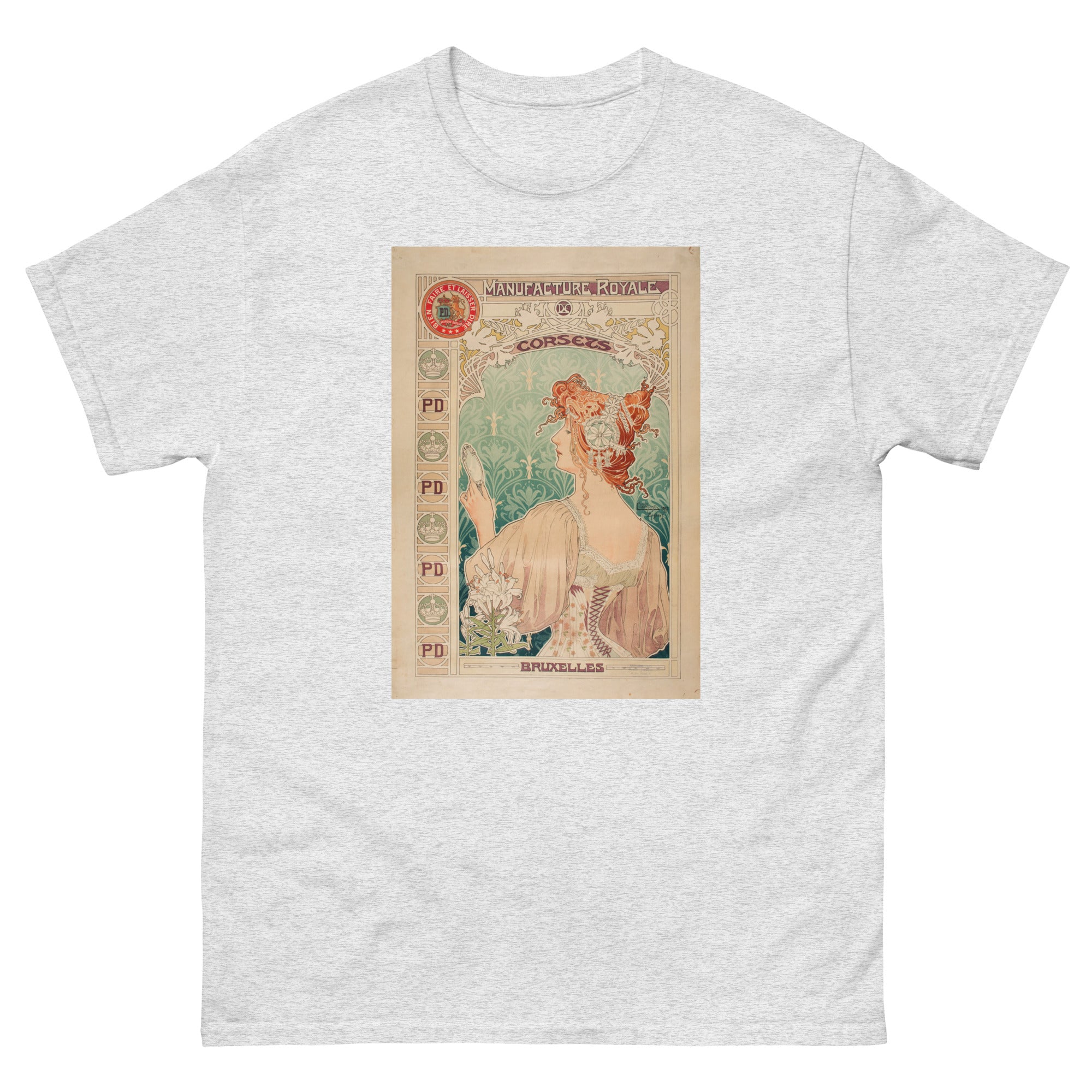 Unisex classic tee featuring Mucha's Art Nouveau advertising poster for Royale Corsets