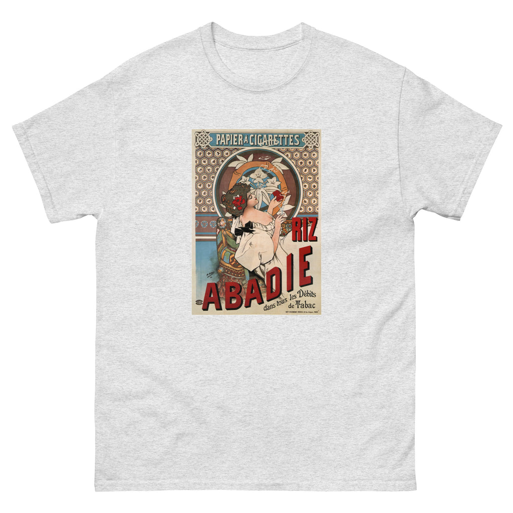 Unisex classic tee featuring Mucha's Art Nouveau Riz Abadie cigarette papers advertising poster