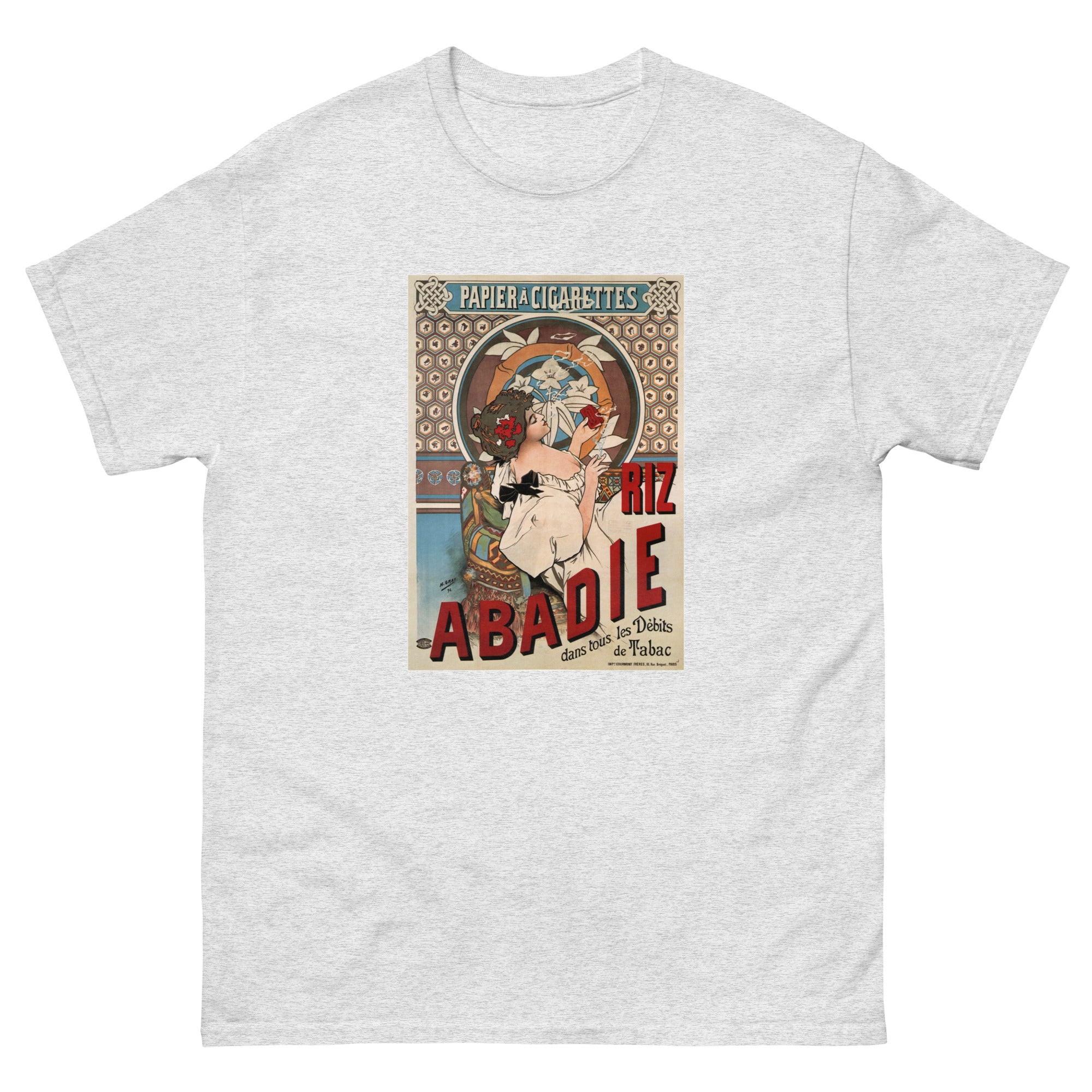 Unisex classic tee featuring Mucha's Art Nouveau Riz Abadie cigarette papers advertising poster