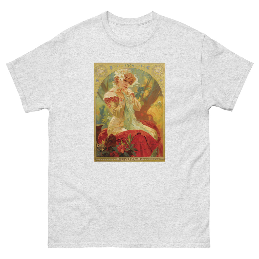 Unisex classic tee featuring Mucha's Art Nouveau Lefèvre-Utile biscuit poster with Sarah Bernhardt