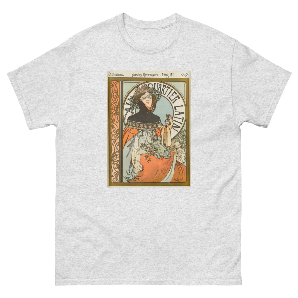 Unisex classic tee featuring Mucha's Art Nouveau illustrated poster for the Quartier Latin journal