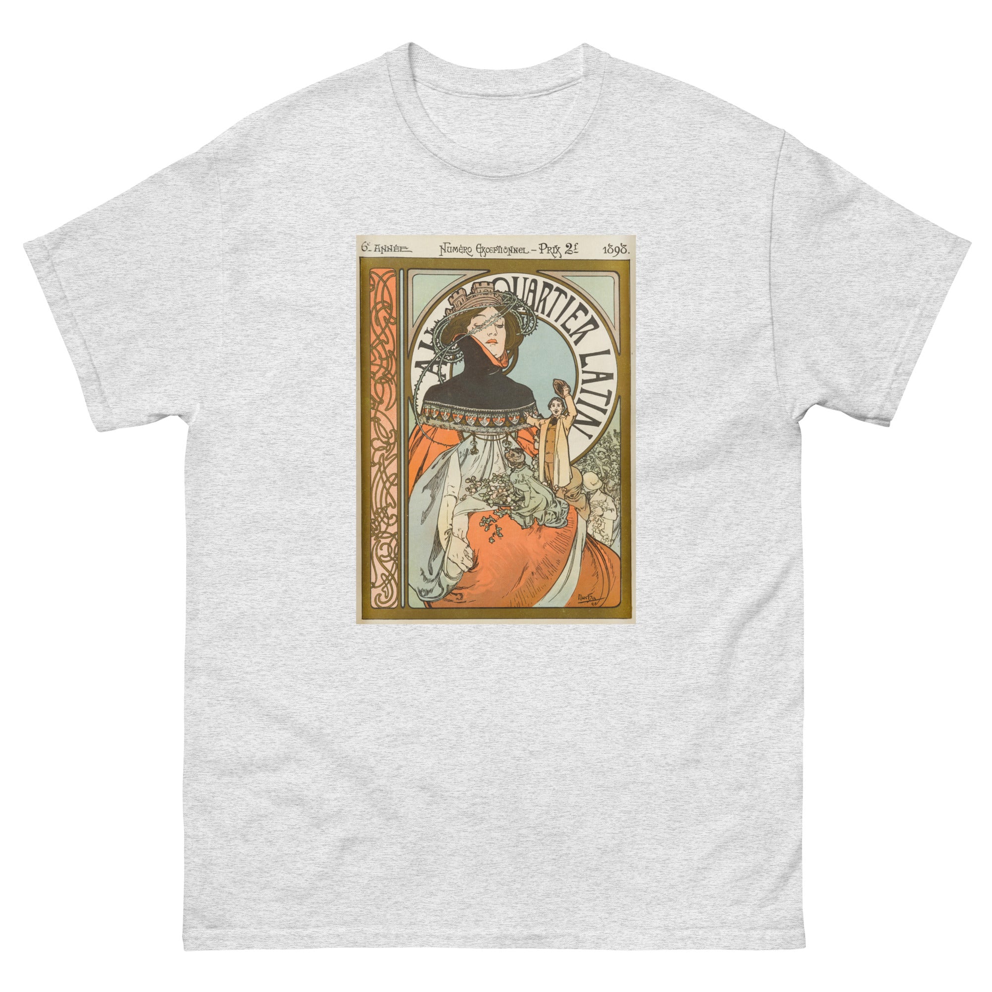 Unisex classic tee featuring Mucha's Art Nouveau illustrated poster for the Quartier Latin journal