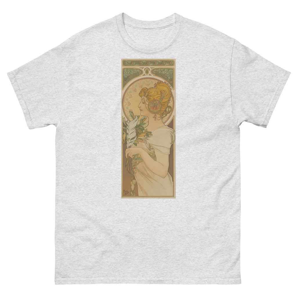 Unisex classic tee featuring Mucha's Art Nouveau La Primavère decorative panel of a woman in flowers