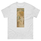Unisex classic tee featuring Mucha's Art Nouveau La Primavère decorative panel of a woman in flowers