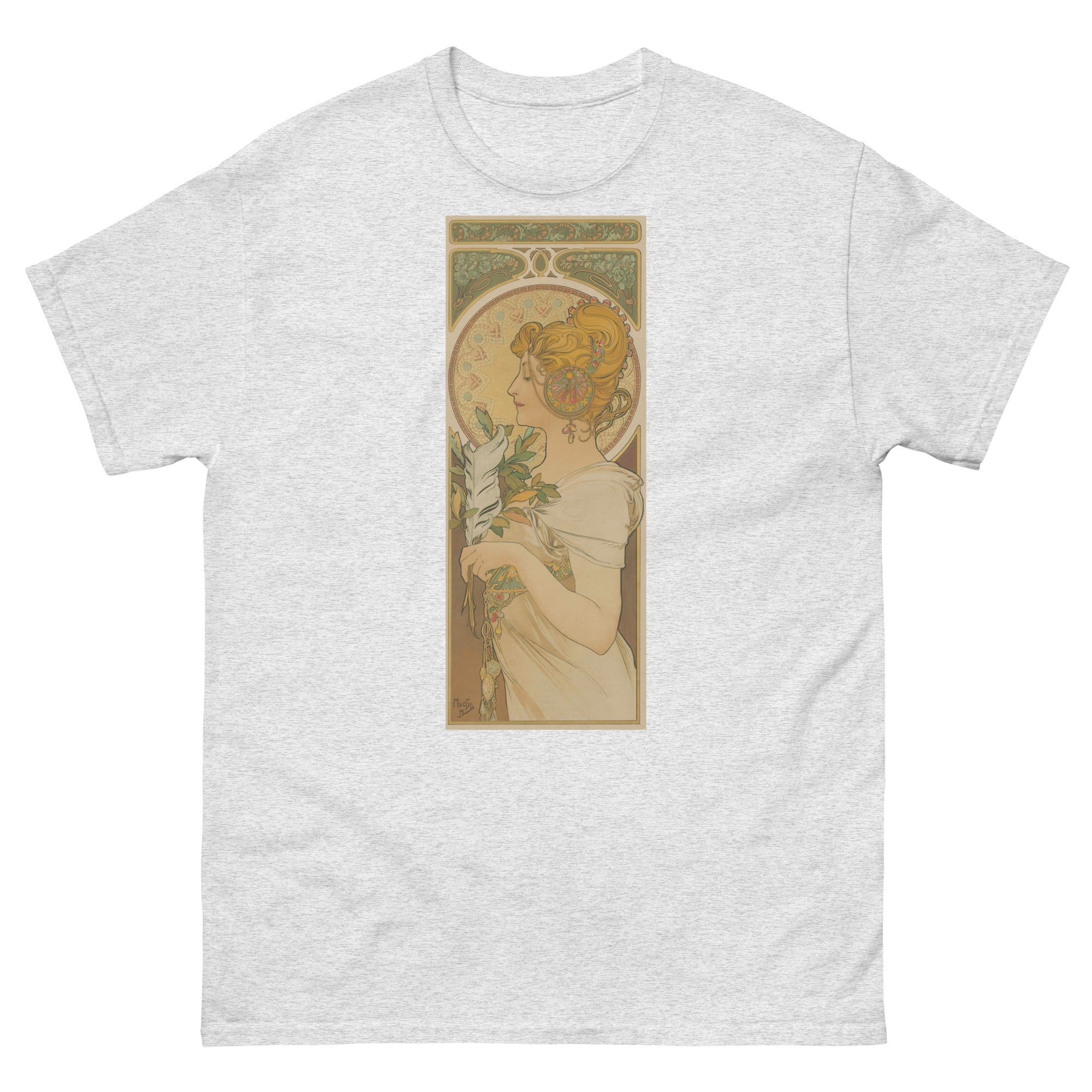 Unisex classic tee featuring Mucha's Art Nouveau La Primavère decorative panel of a woman in flowers