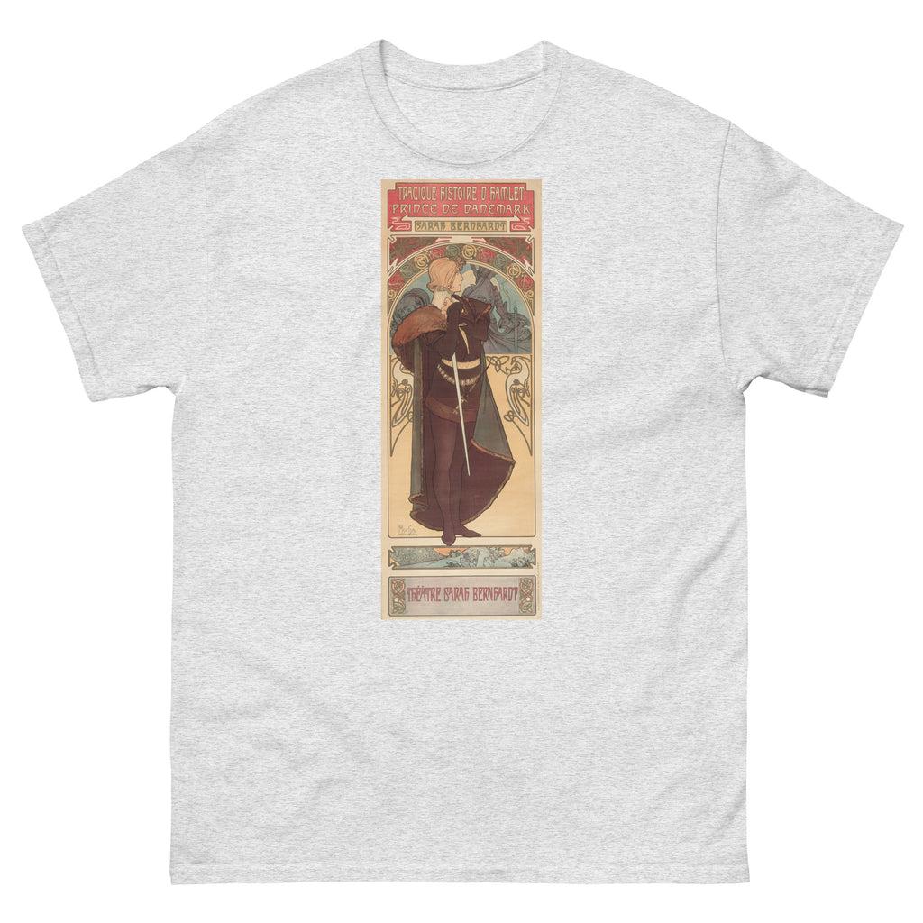 Unisex classic tee featuring Mucha's Art Nouveau theatre poster for Shakespeare's Hamlet