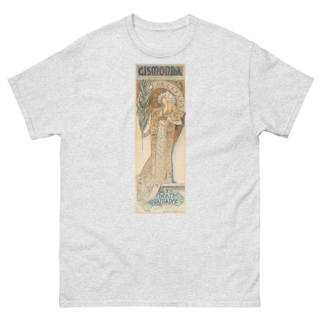 Unisex classic tee featuring Mucha's Art Nouveau theatre poster Gismonda with Sarah Bernhardt