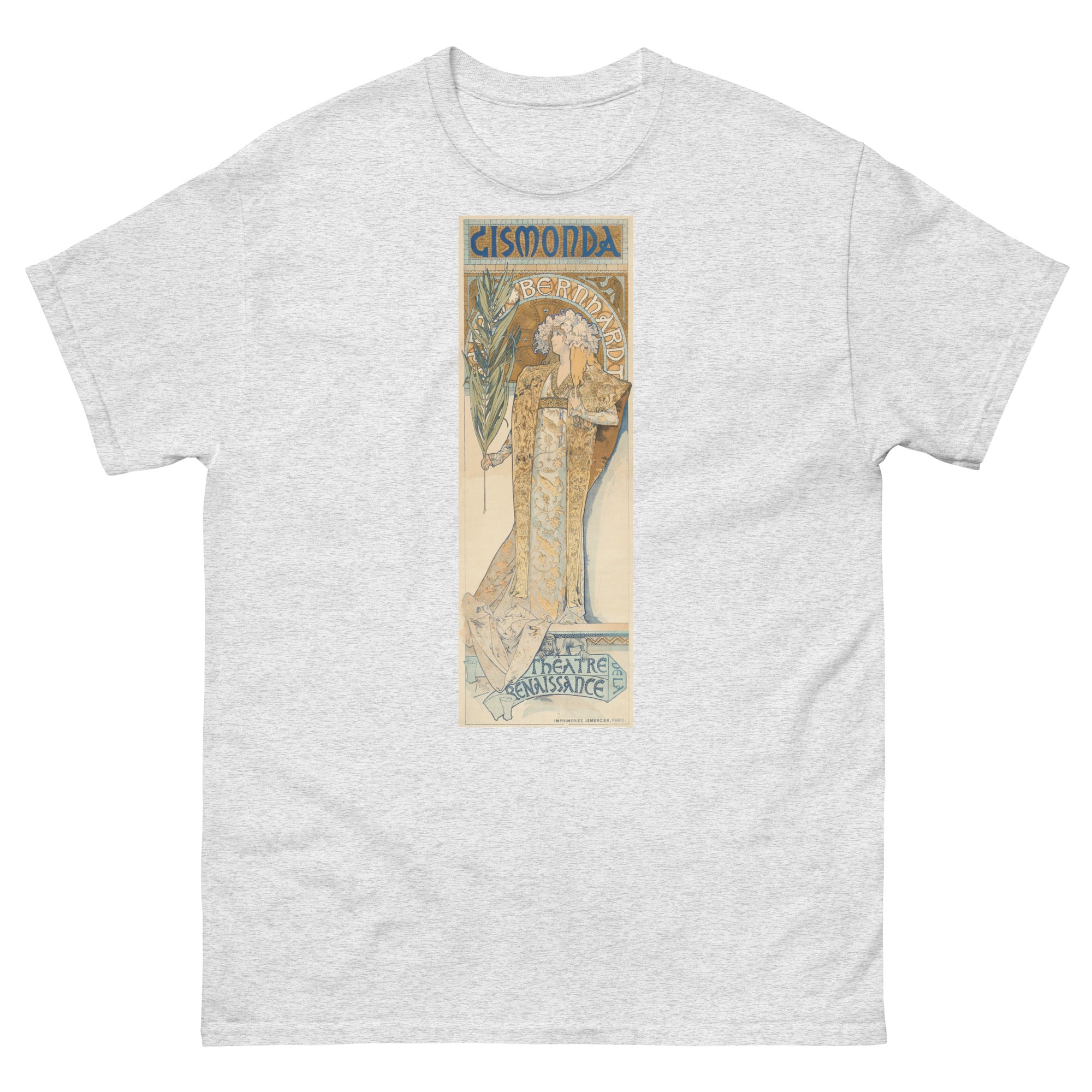 Unisex classic tee featuring Mucha's Art Nouveau theatre poster Gismonda with Sarah Bernhardt