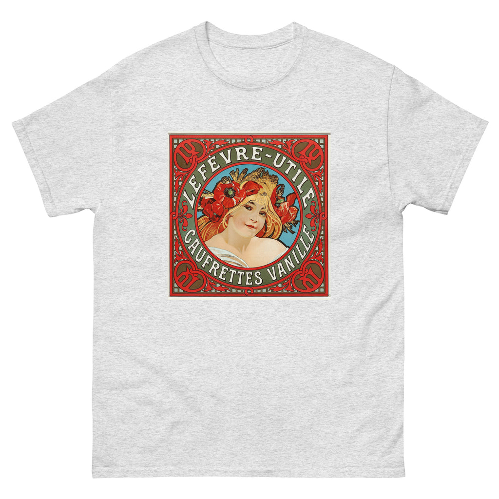 Unisex classic tee featuring Mucha's Art Nouveau Lefèvre-Utile vanilla wafer biscuit poster