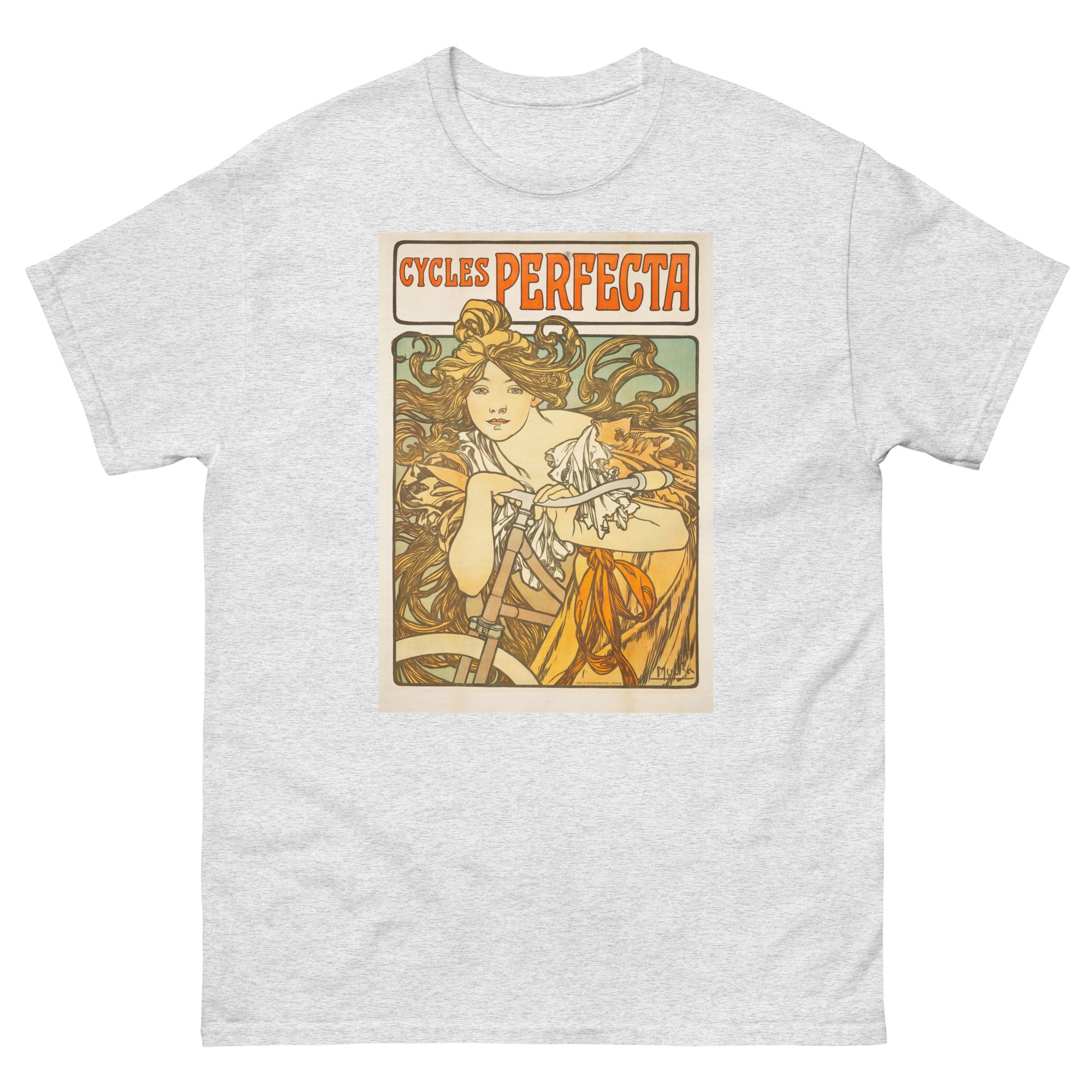 Unisex classic tee featuring Mucha's Art Nouveau Cycles Perfecta bicycle advertising poster