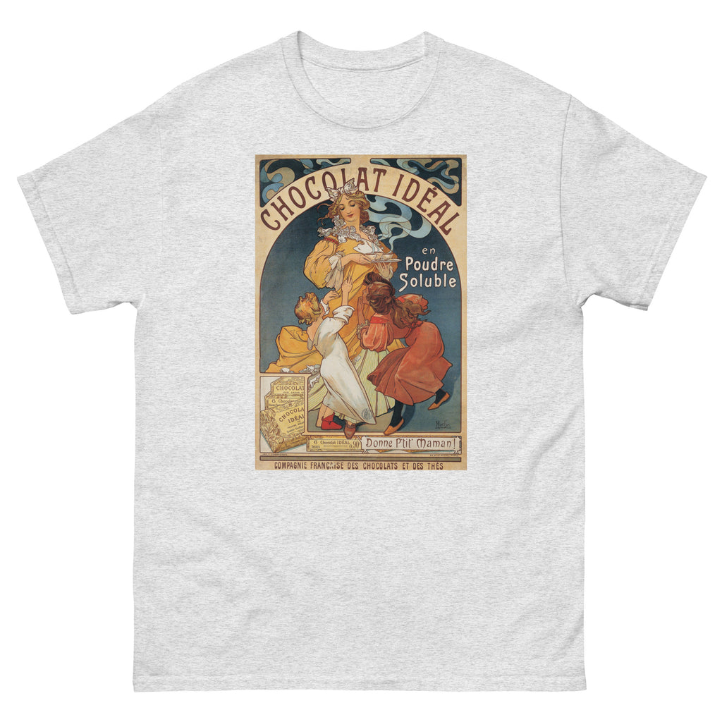 Unisex classic tee featuring Mucha's Art Nouveau Chocolat Idéal hot chocolate advertising poster