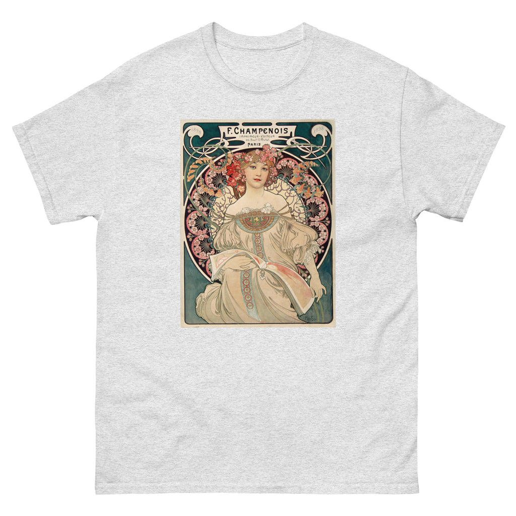 Unisex classic tee featuring Mucha's Art Nouveau Champenois decorative poster with female figure