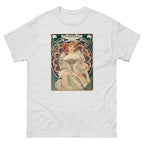 Unisex classic tee featuring Mucha's Art Nouveau Champenois decorative poster with female figure