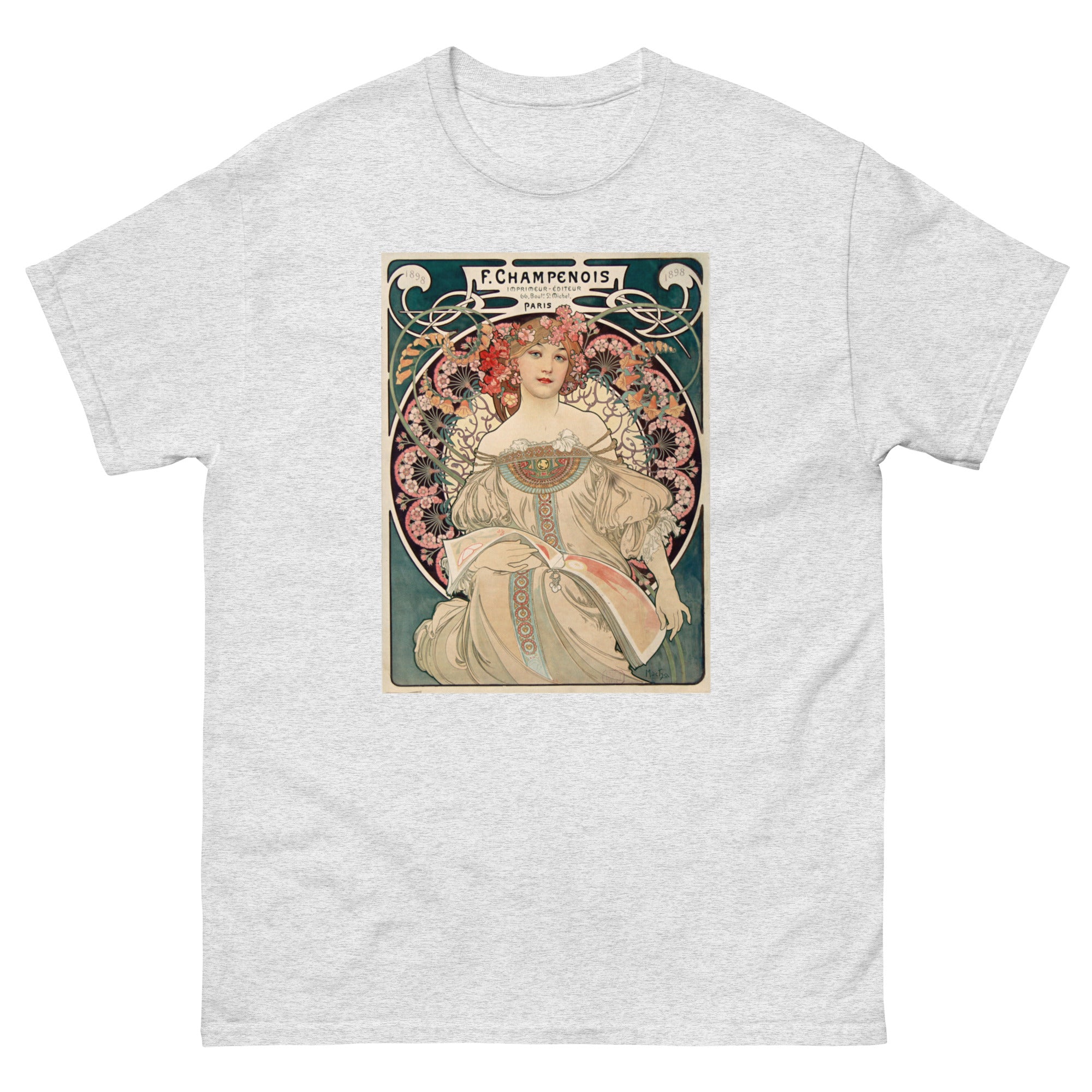 Unisex classic tee featuring Mucha's Art Nouveau Champenois decorative poster with female figure