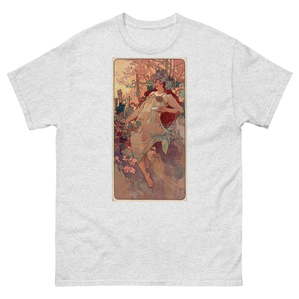 Unisex classic tee featuring Mucha's Art Nouveau Autumn decorative panel with female figure