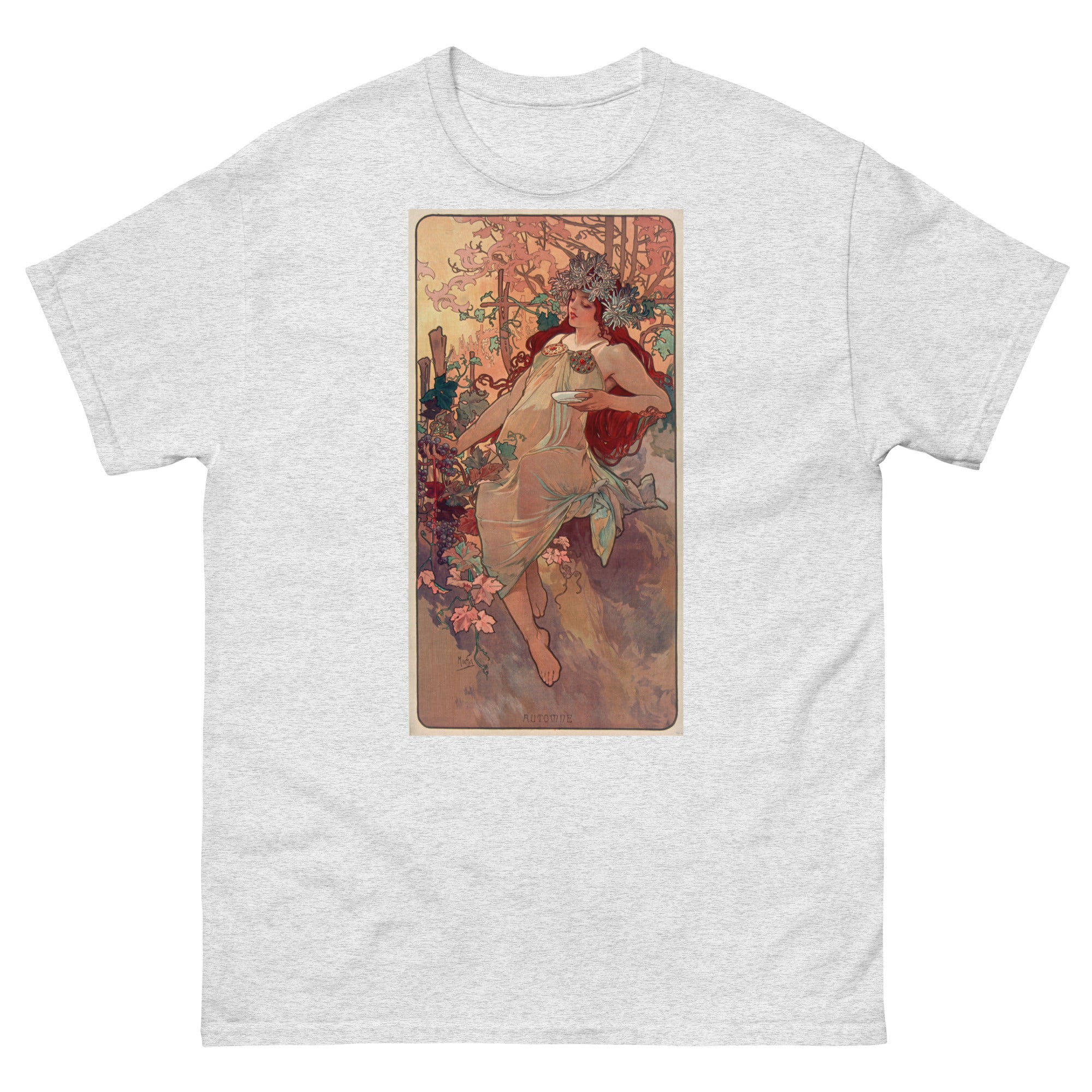 Unisex classic tee featuring Mucha's Art Nouveau Autumn decorative panel with female figure