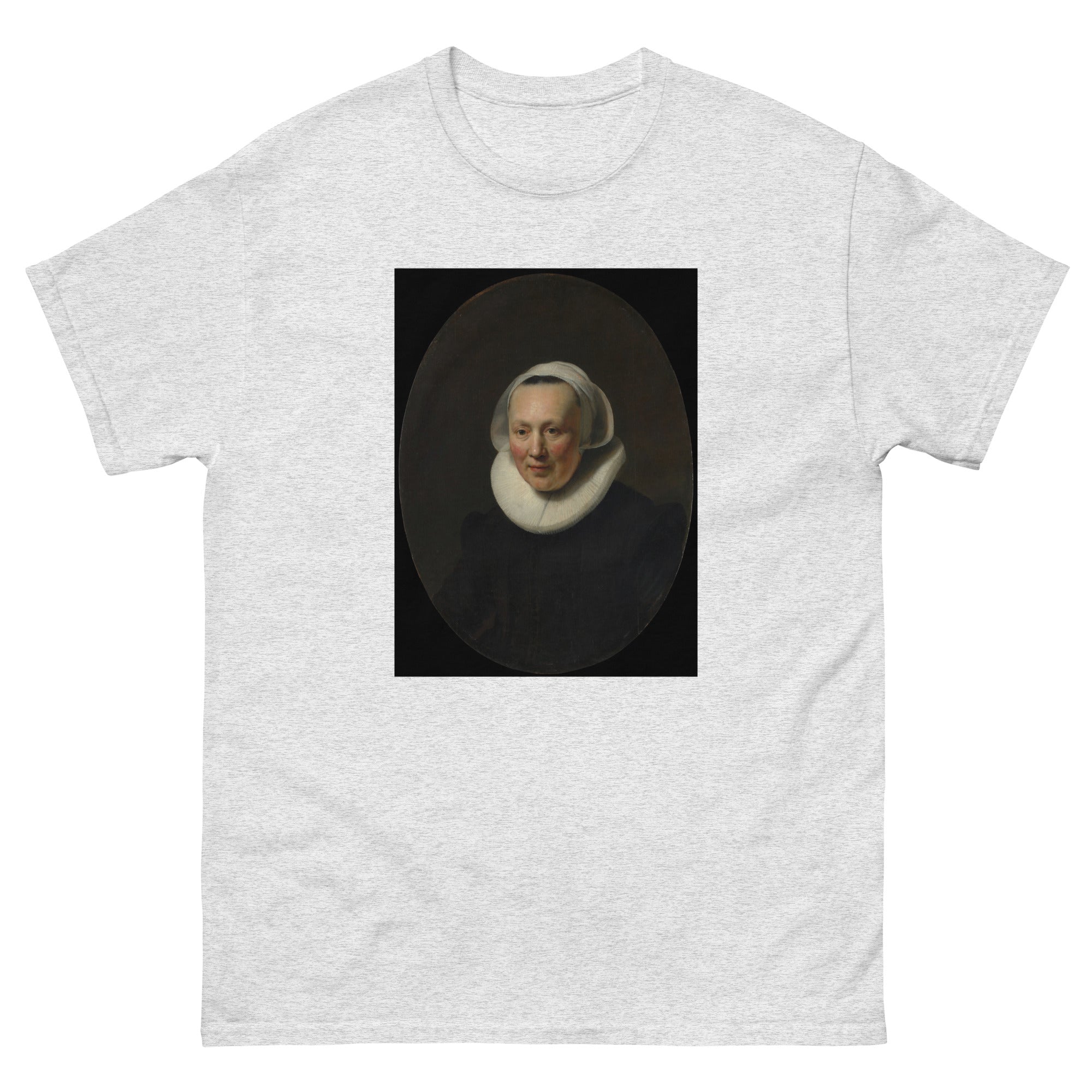 Unisex classic tee featuring Rembrandt's dramatic baroque portrait of an elegantly dressed woman