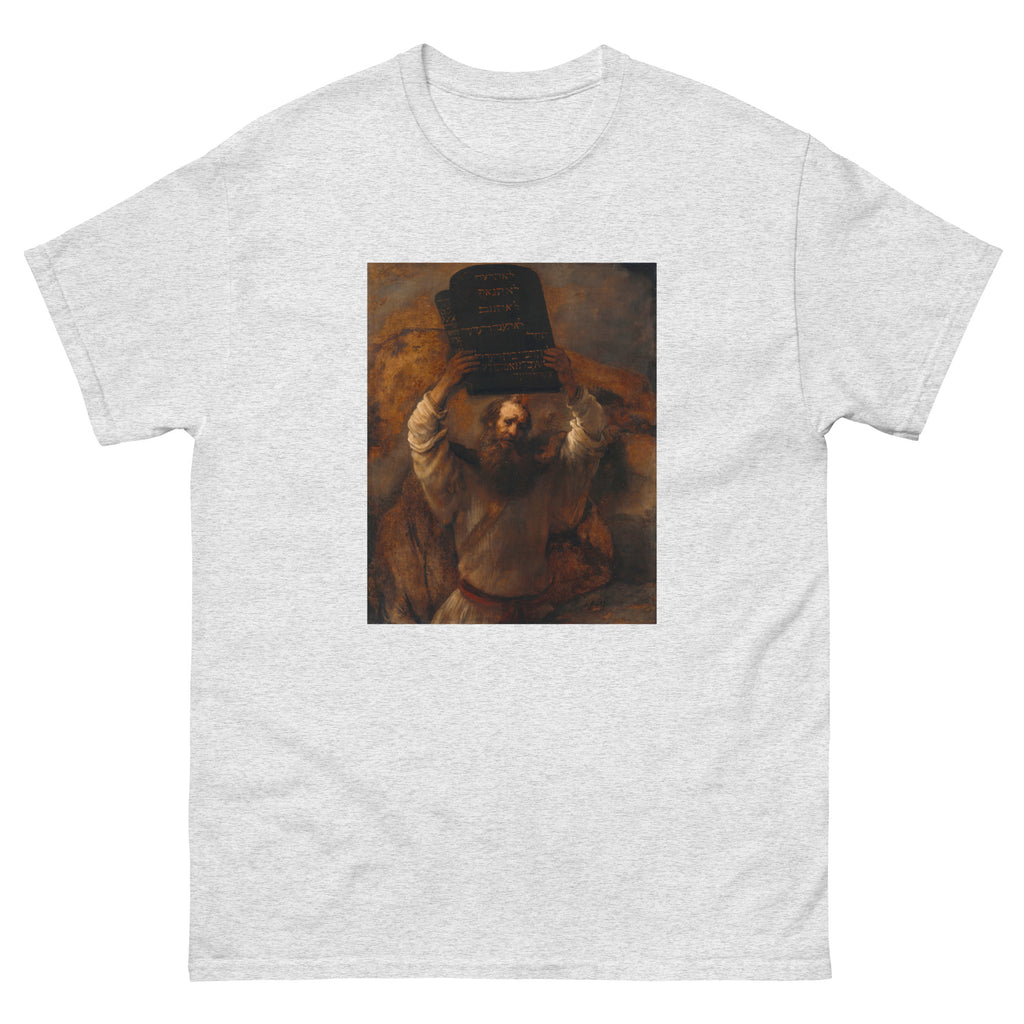 Unisex classic tee featuring Rembrandt's dramatic painting of Moses smashing the stone tablets