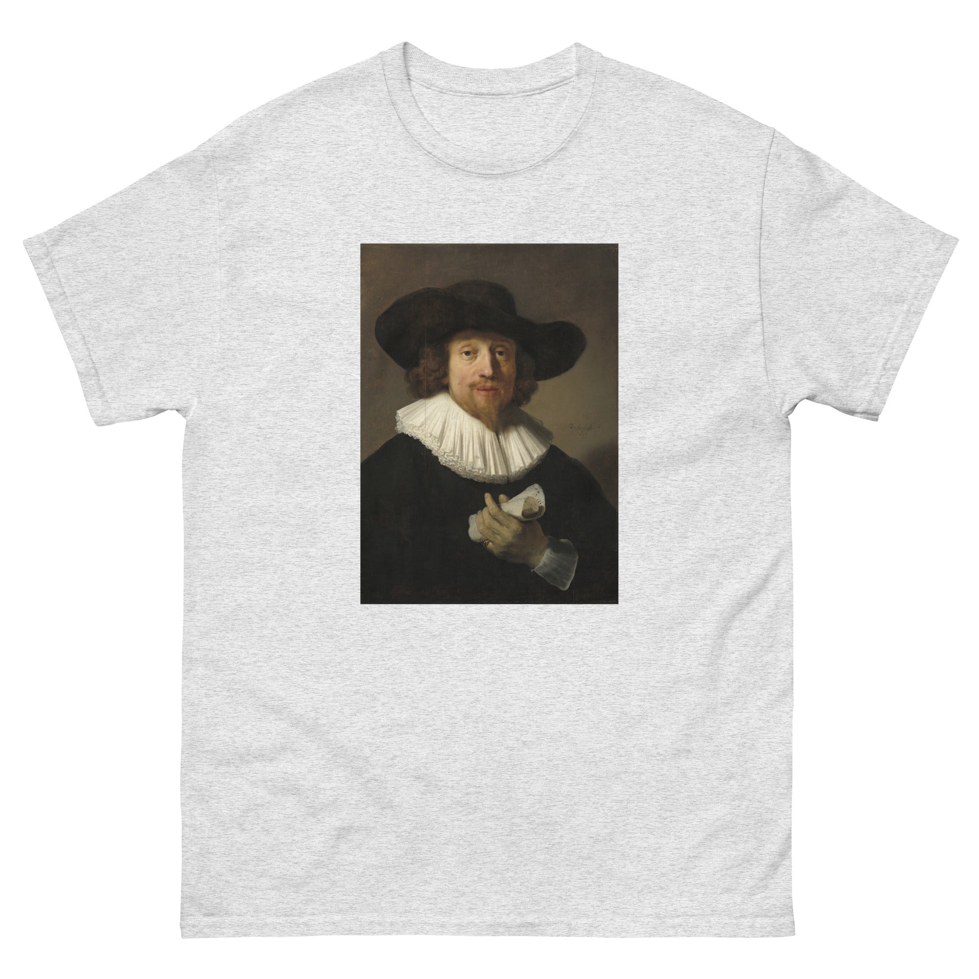 Unisex classic tee featuring Rembrandt's portrait of a man holding a sheet of music