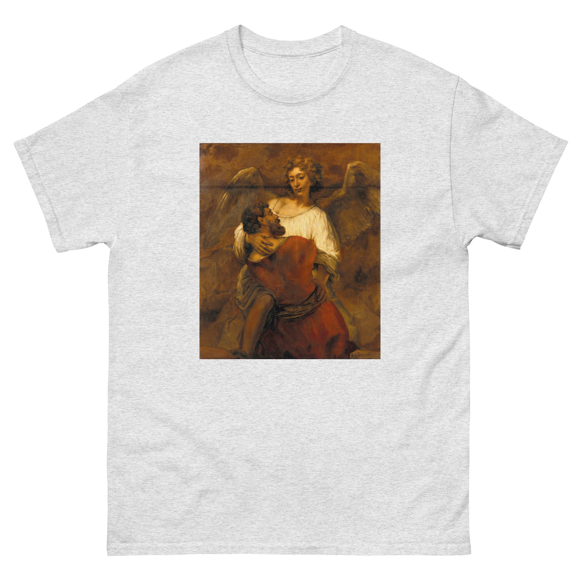 Unisex classic tee featuring Rembrandt's dramatic painting of Jacob wrestling with an angel