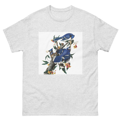 Unisex classic tee featuring Audubon's detailed naturalist illustration of a blue jay bird