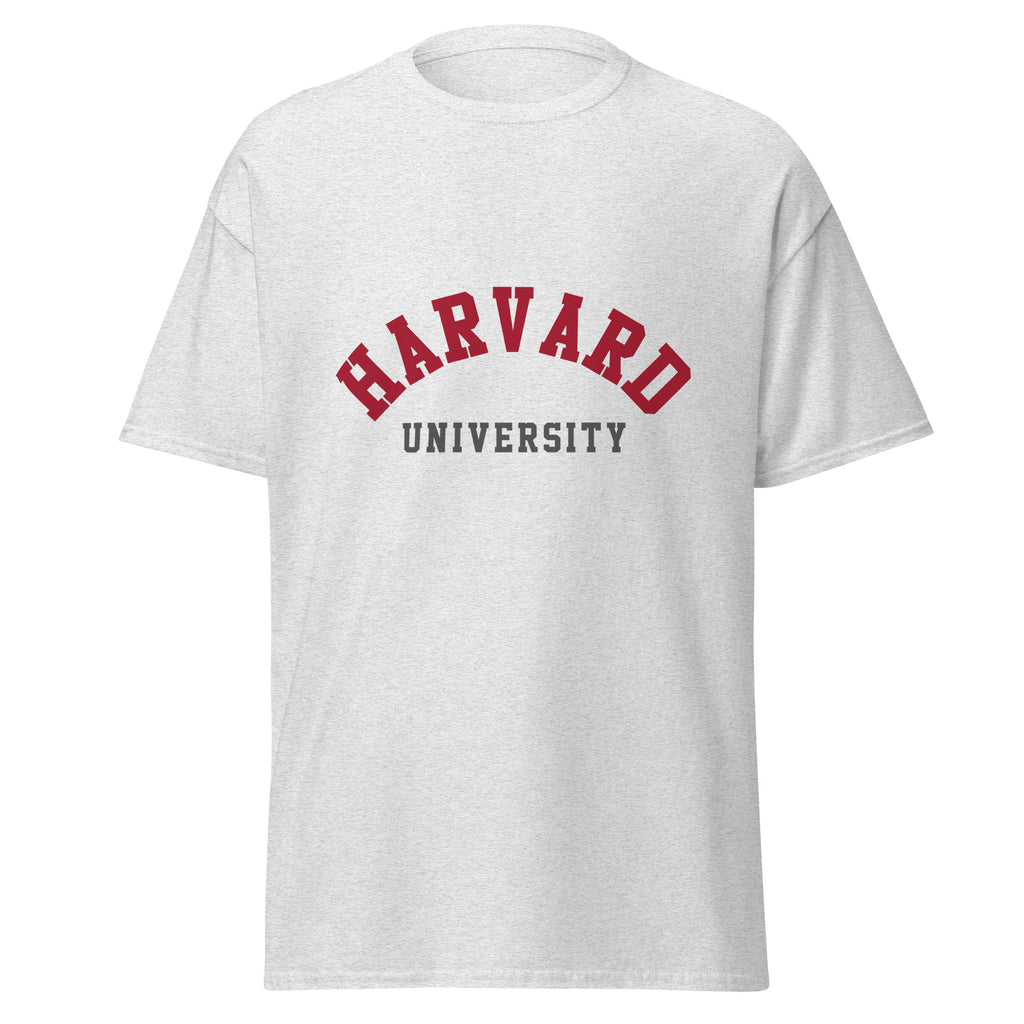 Unisex classic tee featuring Harvard University name and branding in crimson and white