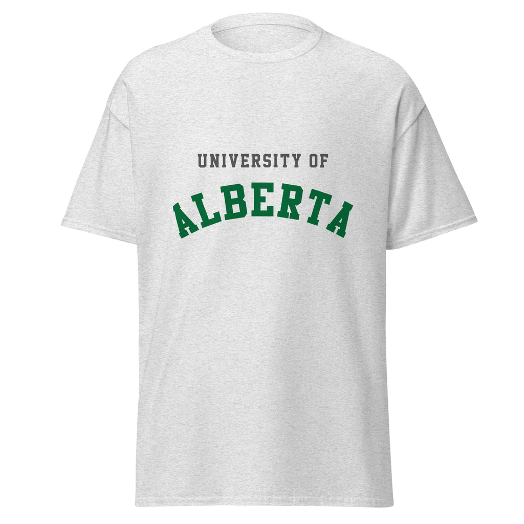 Unisex classic tee featuring University of Alberta name and branding in green and gold