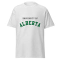Unisex classic tee featuring University of Alberta name and branding in green and gold
