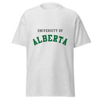Unisex classic tee featuring University of Alberta name and branding in green and gold