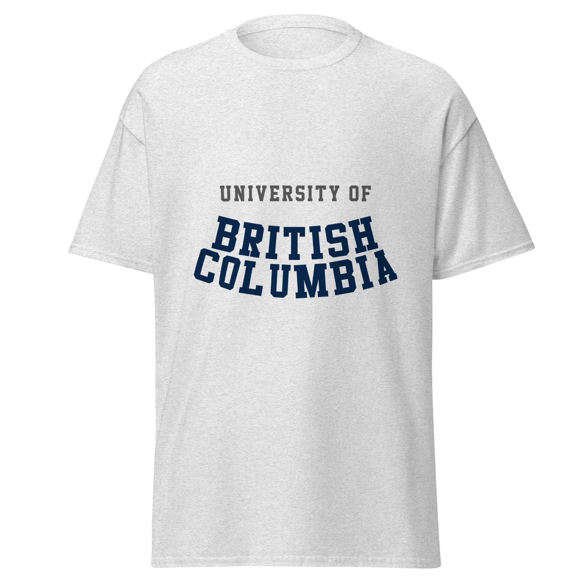 Unisex classic tee featuring University of British Columbia name and branding in blue and gold