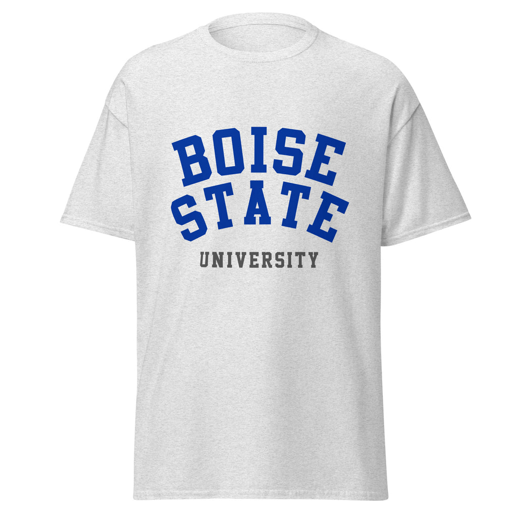Unisex classic tee featuring Boise State University name and branding in blue and orange