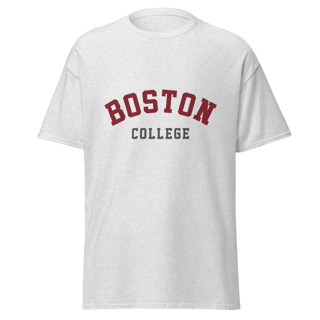 Unisex classic tee featuring Boston College name and branding in maroon and gold