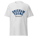 Unisex classic tee featuring Brigham Young University name and branding in navy and white
