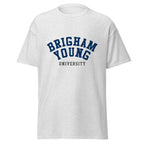 Unisex classic tee featuring Brigham Young University name and branding in navy and white