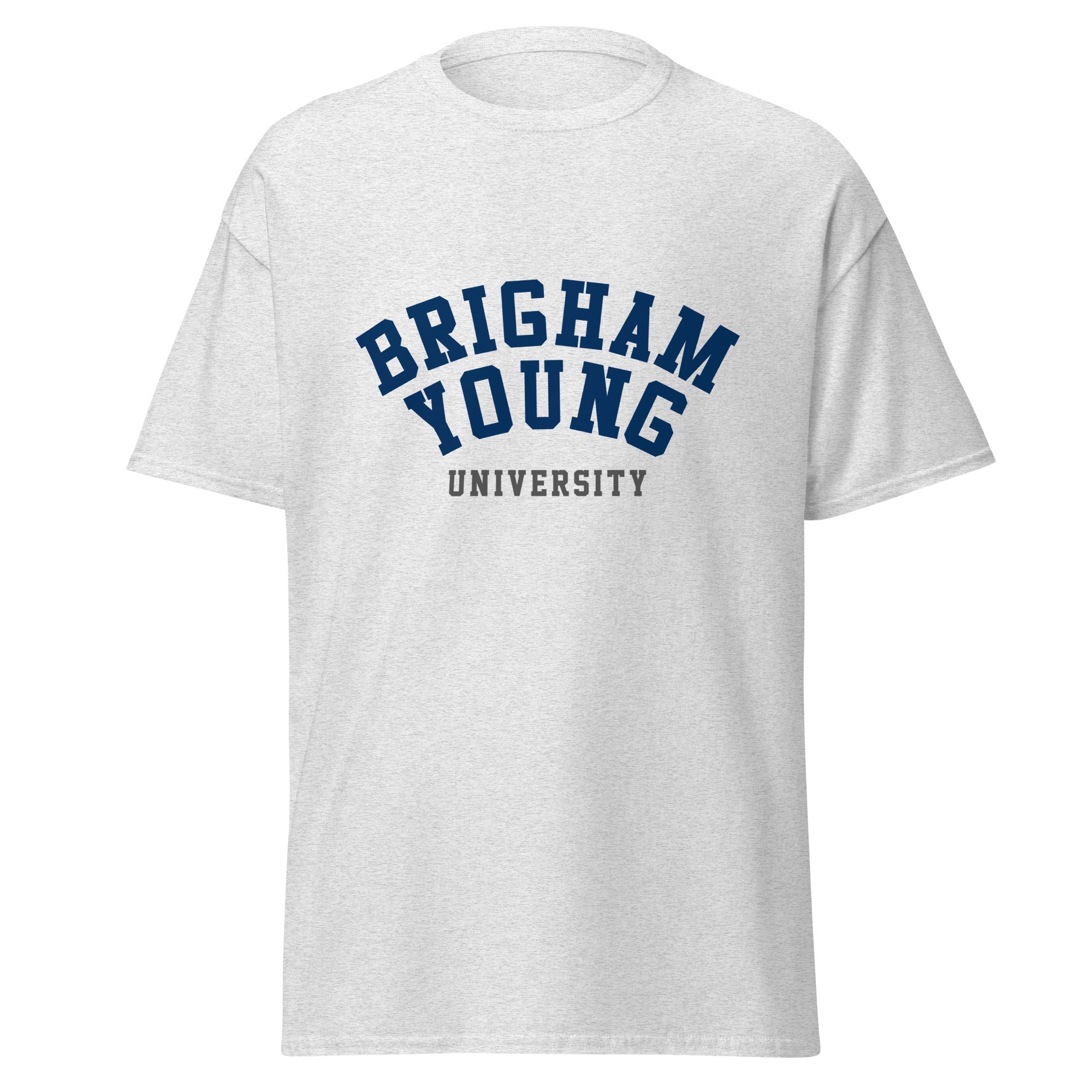 Unisex classic tee featuring Brigham Young University name and branding in navy and white