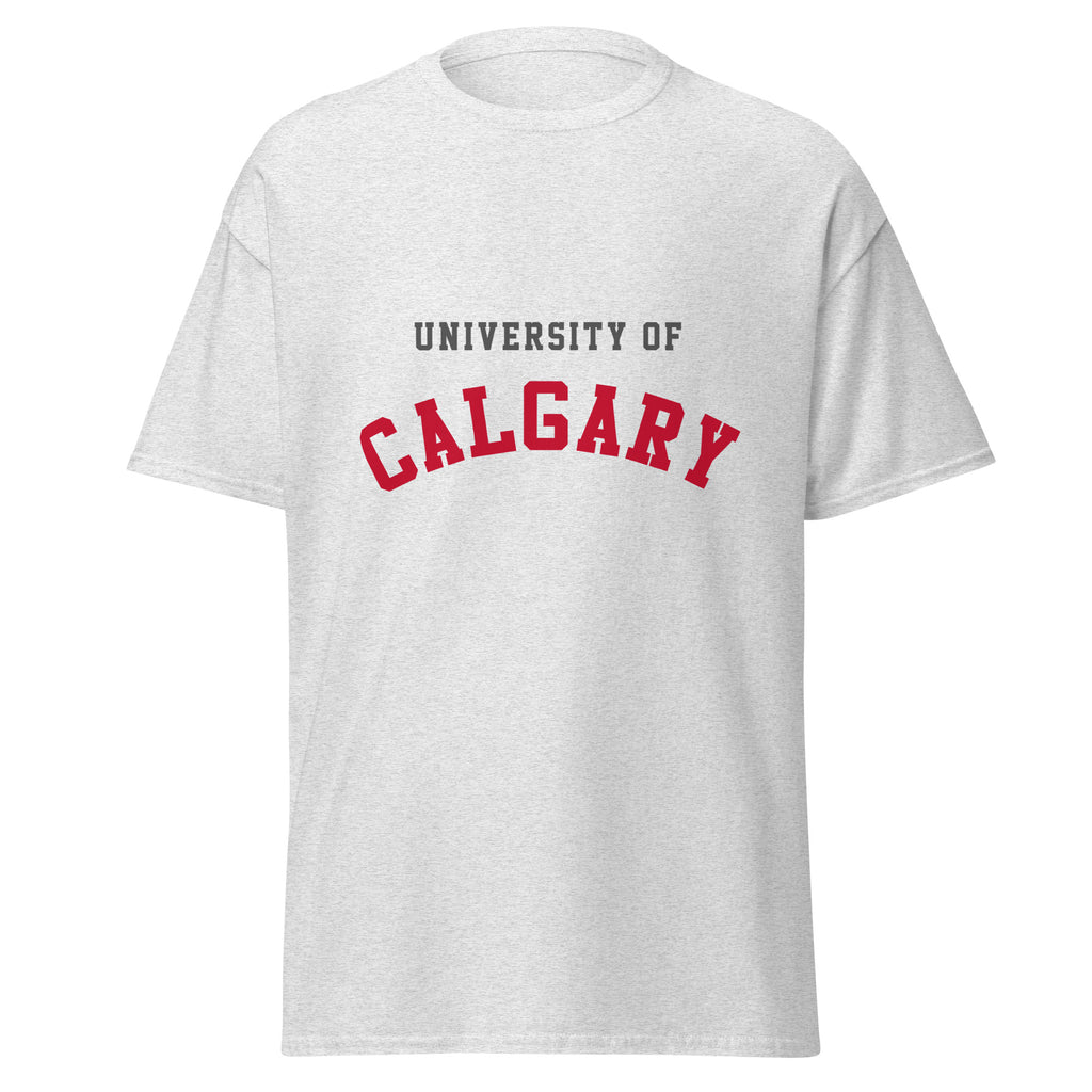 Unisex classic tee featuring University of Calgary name and branding in red and gold