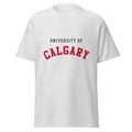 Unisex classic tee featuring University of Calgary name and branding in red and gold