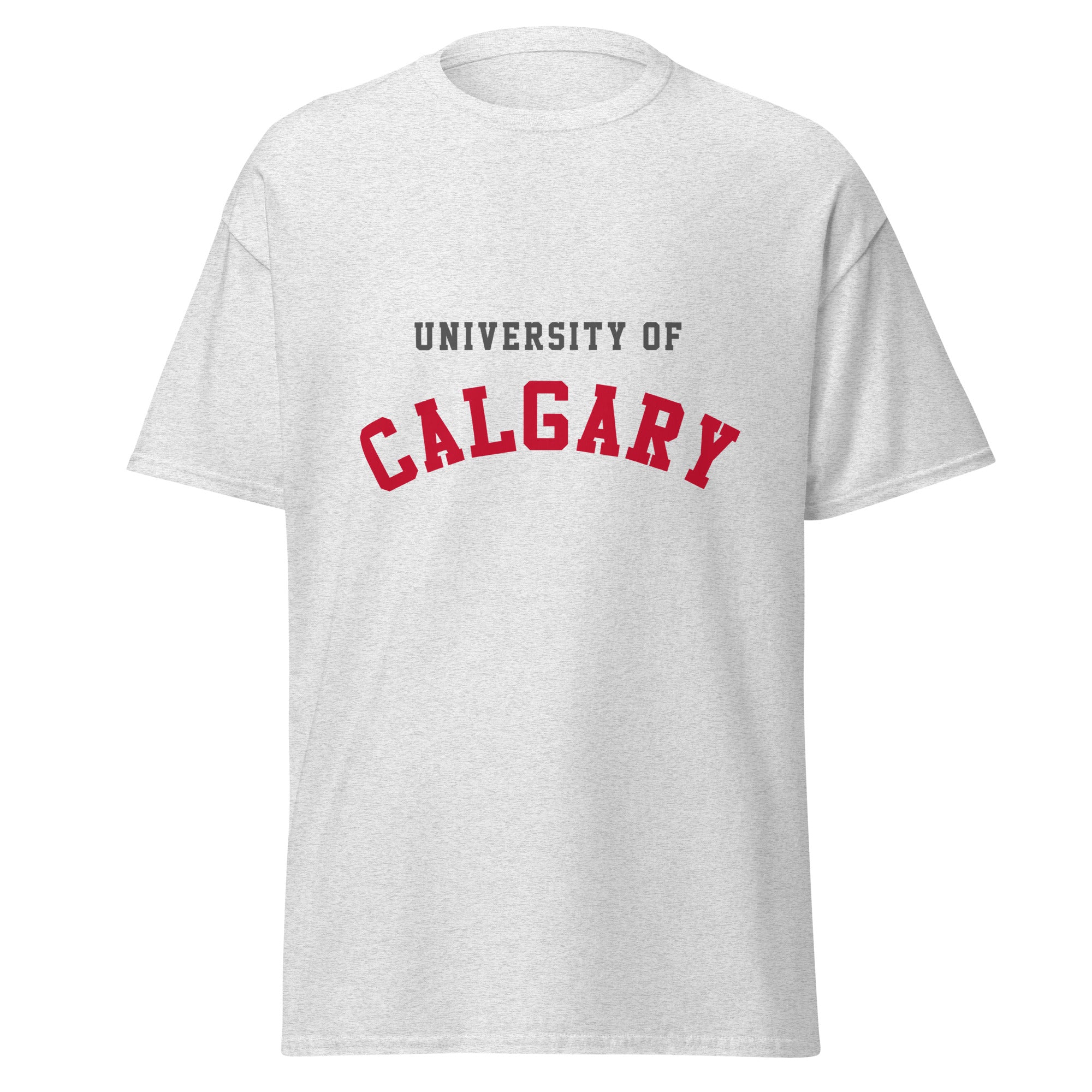 Unisex classic tee featuring University of Calgary name and branding in red and gold