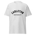 Unisex classic tee featuring Carleton University name and branding in red and gold