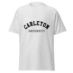 Unisex classic tee featuring Carleton University name and branding in red and gold
