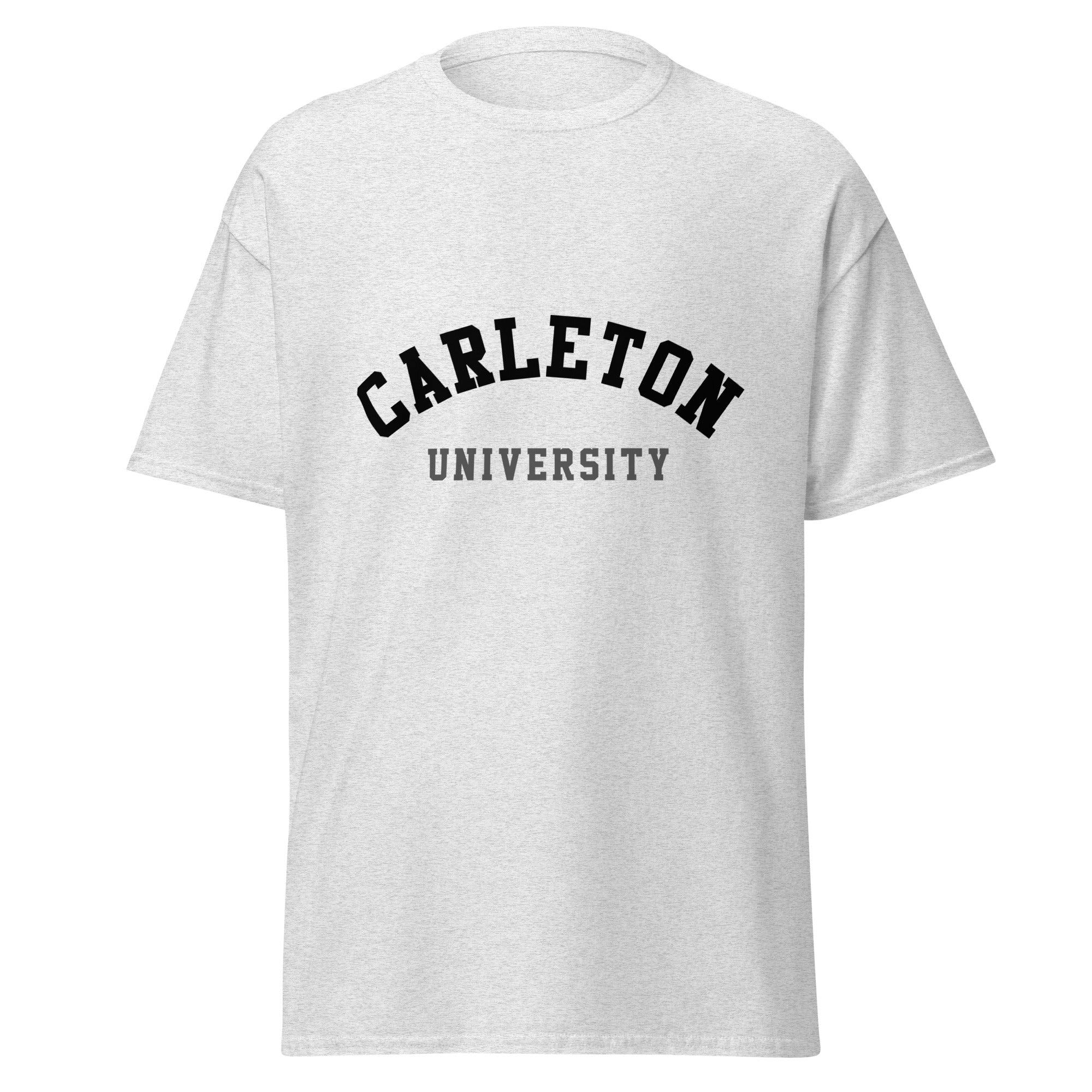 Unisex classic tee featuring Carleton University name and branding in red and gold