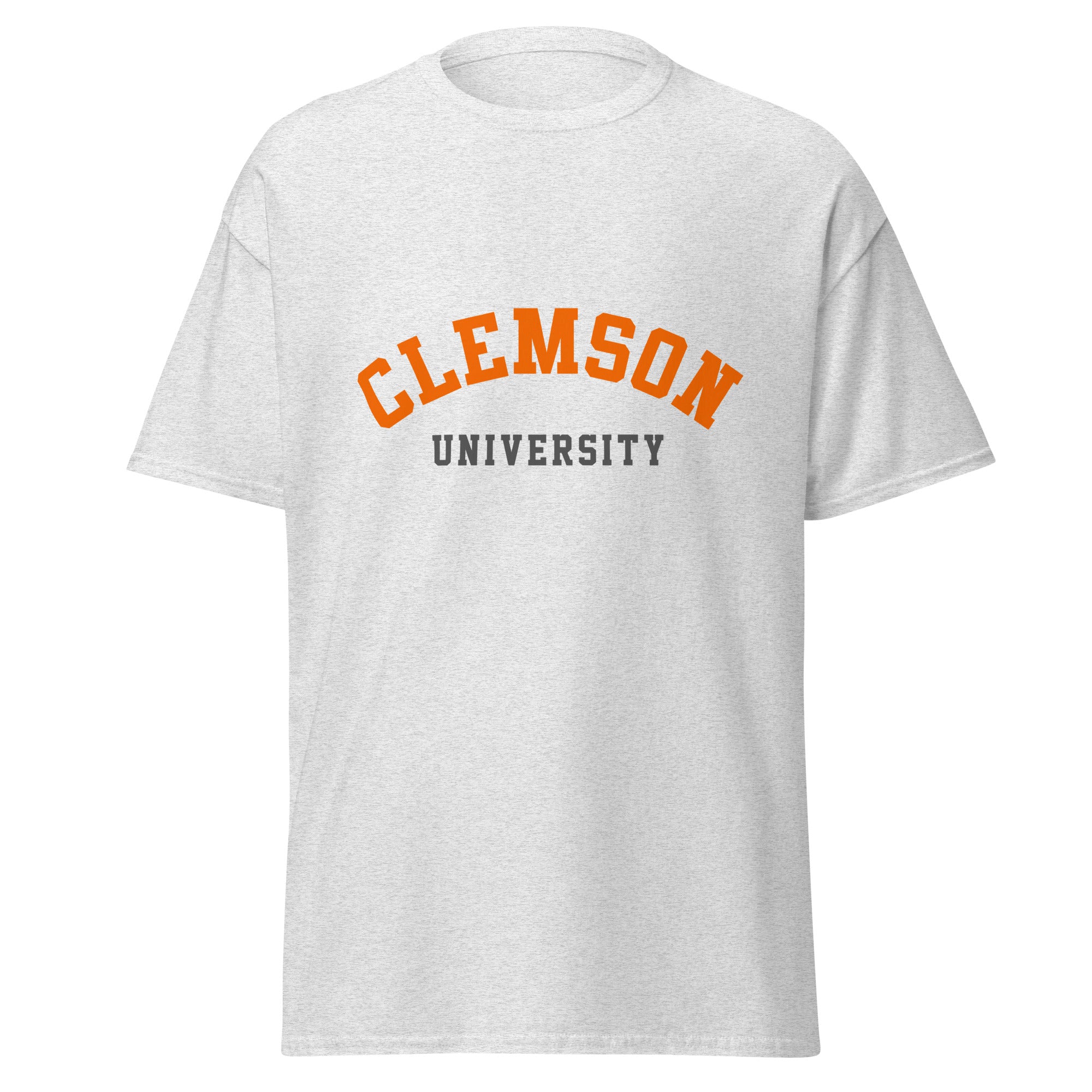 Unisex classic tee featuring Clemson University name and branding in orange and purple