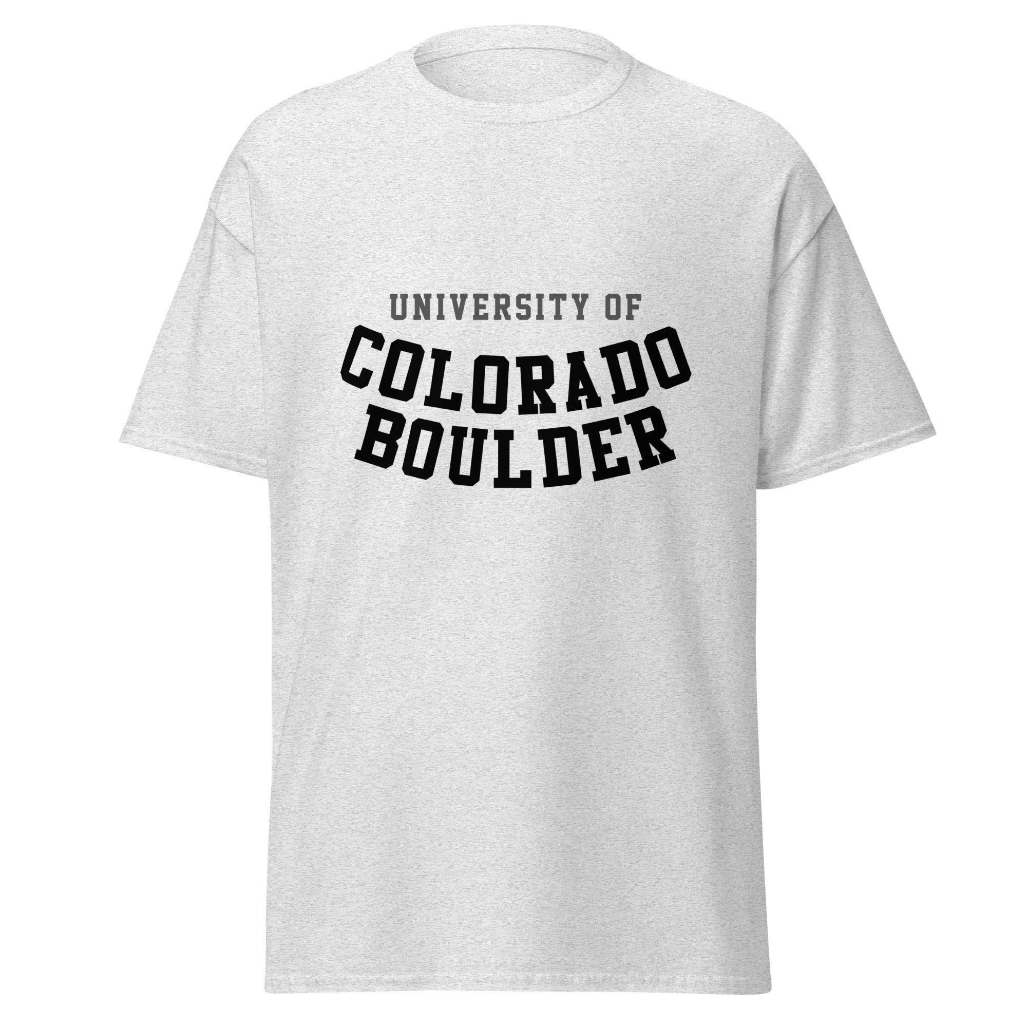 Unisex classic tee featuring University of Colorado Boulder name and branding in gold and black