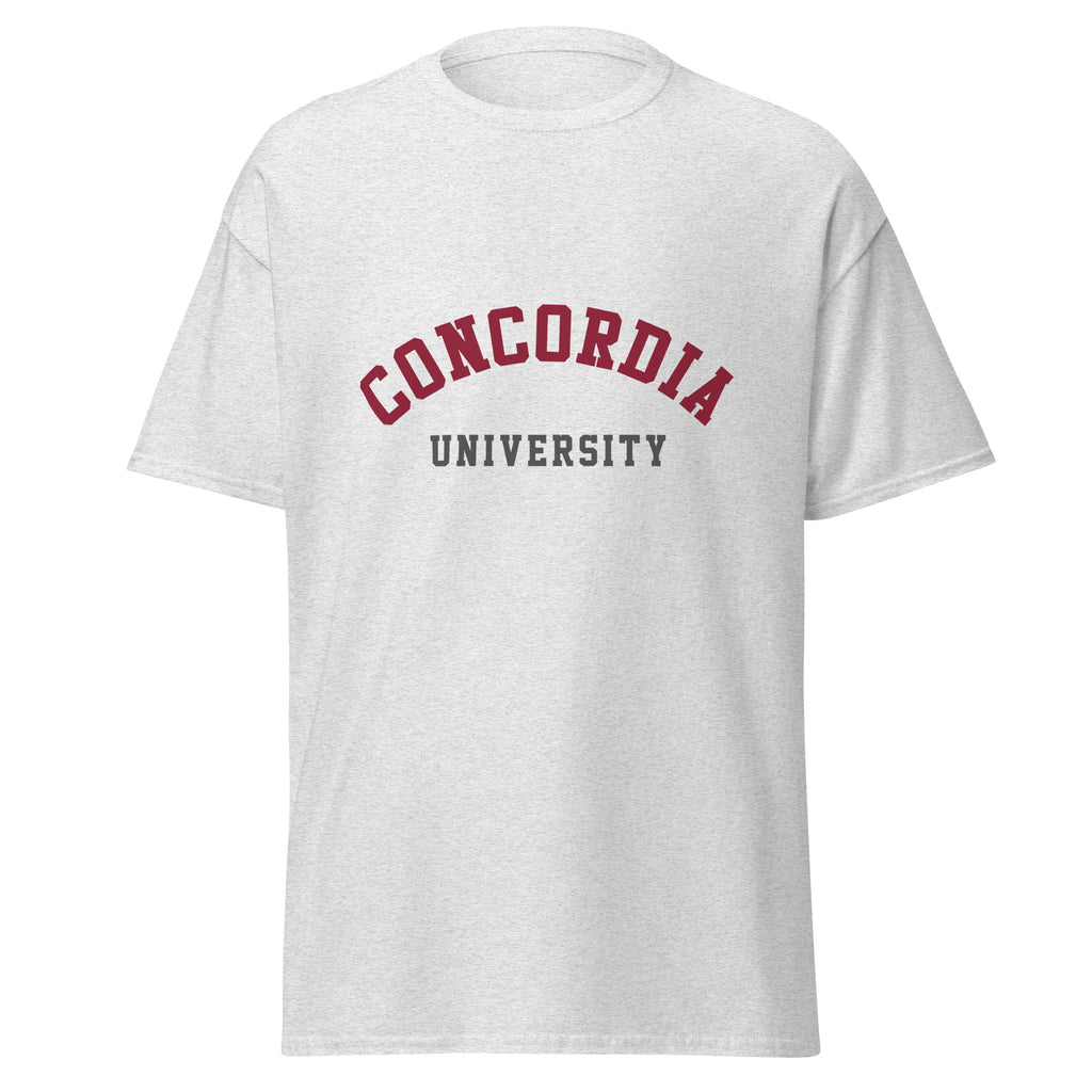Unisex classic tee featuring Concordia University name and branding in burgundy and gold
