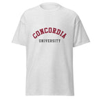 Unisex classic tee featuring Concordia University name and branding in burgundy and gold