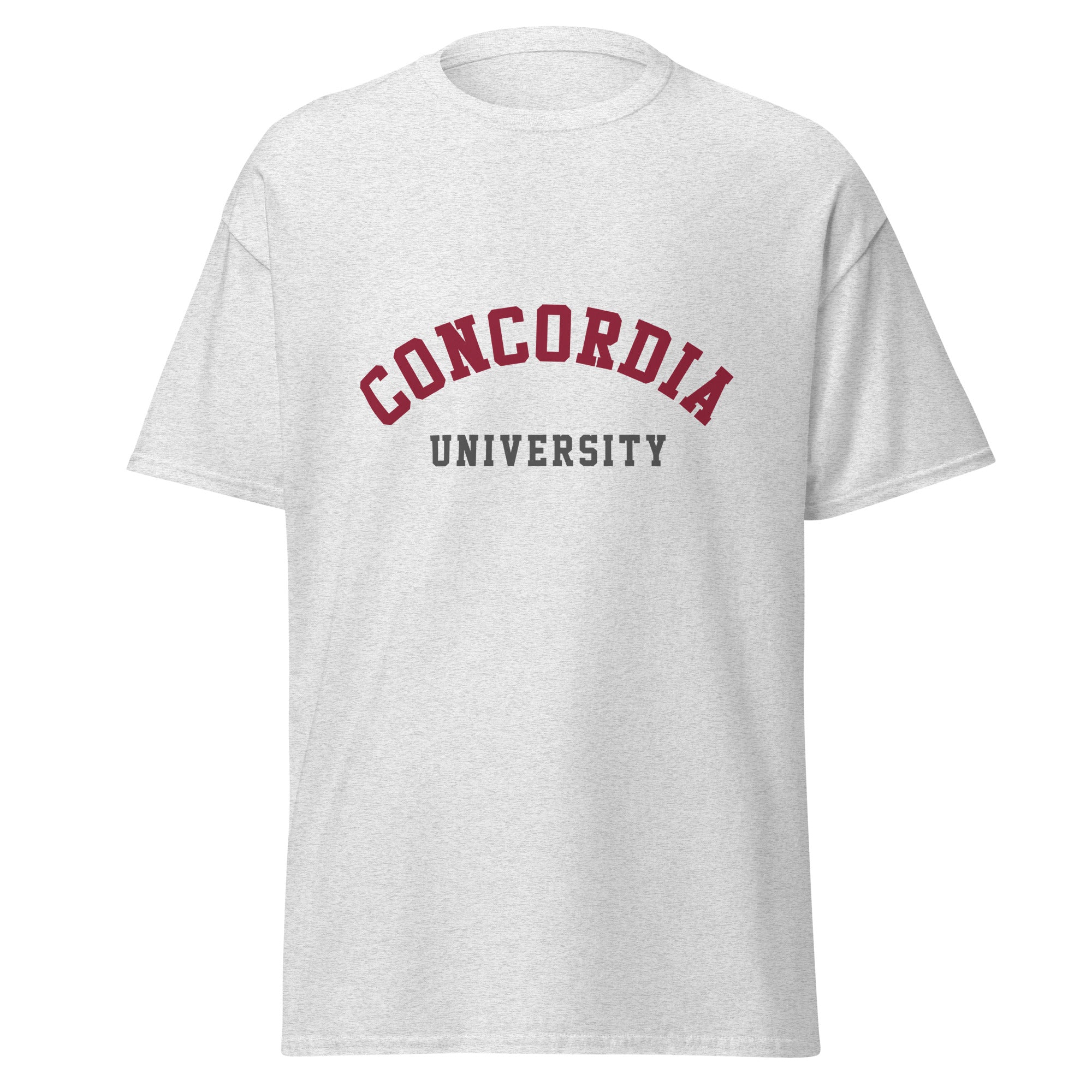Unisex classic tee featuring Concordia University name and branding in burgundy and gold